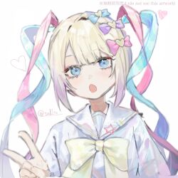 1girl :o blonde_hair blue_bow blue_eyes blue_hair blue_shirt bow chouzetsusaikawa_tenshi-chan commentary_request hair_bow hair_ornament heart heart_hair_ornament highres long_hair long_sleeves looking_at_viewer multicolored_hair needy_girl_overdose open_mouth pink_bow pink_hair purple_bow quad_tails sailor_collar shirt solo tsukikaze_aki twintails upper_body v white_background yellow_bow