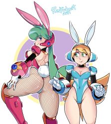 Rule 34 | 2girls, android, animal ears, artist name, ass, blonde hair, blue eyes, blush, breasts, bunny girl, capcom, cinnamon (mega man), cleavage, covered navel, cowboy shot, fishnet pantyhose, fishnets, green eyes, green hair, hand on own thigh, highres, large breasts, long hair, looking at viewer, looking back, marino (mega man), medium breasts, mega man (series), mega man x: command mission, mega man x (series), multiple girls, pantyhose, rabbit ears, rabbit tail, radlionheart, simple background, skin tight, smile, tail