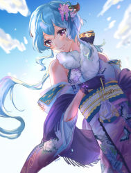 Rule 34 | 1girl, absurdres, ahoge, alternate costume, black gloves, blue hair, blue sky, bow, cloud, cloudy sky, commentary request, detached sleeves, from below, fur scarf, ganyu (genshin impact), genshin impact, gloves, hair between eyes, hair bow, hair ornament, hair ribbon, head tilt, highres, holding, horns, japanese clothes, kimono, long hair, looking at viewer, looking down, low ponytail, obi, picdung, pouch, purple eyes, ribbon, sash, sidelocks, sky, smile, solo, sunrise, wide sleeves, wind