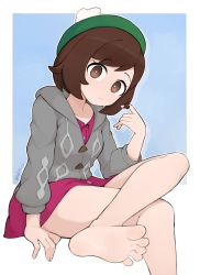 Rule 34 | 1girl, absurdres, bare legs, barefoot, blue background, breasts, brown eyes, brown hair, cardigan, collarbone, commentary, creatures (company), crossed legs, dress, english commentary, feet, foot out of frame, game freak, gloria (pokemon), green hat, grey cardigan, hat, highres, hooded cardigan, invisible chair, leaning forward, legs, long sleeves, looking at viewer, medium hair, nintendo, outside border, pink dress, pokemon, pokemon swsh, shadow, short dress, sitting, softhanten, soles, solo, sweatdrop, tam o&#039; shanter, toes