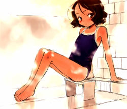 Rule 34 | 1girl, barefoot, feet, one-piece swimsuit, one-piece tan, sasahara yuuki, sitting, solo, swimsuit, tan, tanline