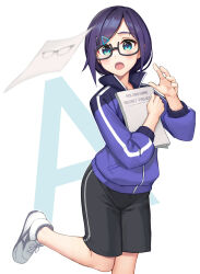 Rule 34 | 1girl, a-chan (3rd costume) (hololive), a-chan (hololive), a-chan (off-work) (hololive), bangs pinned back, black-framed eyewear, black hair, blue eyes, blue jacket, glasses, highres, hololive, jacket, looking at viewer, official alternate costume, open mouth, paper stack, rotix, semi-rimless eyewear, short hair, shorts, solo, under-rim eyewear, virtual youtuber, white sneakers