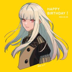 Rule 34 | 1girl, 2023, 4ki ori9, blunt bangs, buttons, commentary request, cropped torso, dated, english text, fire emblem, fire emblem: three houses, garreg mach monastery uniform, happy birthday, highres, lips, long hair, looking at viewer, lysithea von ordelia, nintendo, pink eyes, pink lips, simple background, smile, solo, twitter username, uniform, white hair, yellow background