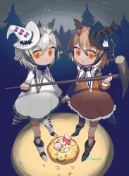Rule 34 | 2girls, alternate costume, bird tail, black headwear, boots, brown dress, brown hair, candy, cane, commentary, dress, eurasian eagle owl (kemono friends), feb ki, food, full body, hair between eyes, halloween bucket, hat, holding hands, jack-o&#039;-lantern, kemono friends, lollipop, long sleeves, looking at viewer, mini hat, mini witch hat, multicolored hair, multiple girls, night, northern white-faced owl (kemono friends), orange eyes, short hair, swirl lollipop, tail, tilted headwear, white dress, white hair, white headwear, witch hat