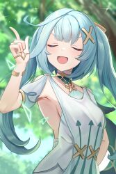Rule 34 | 1girl, aqua hair, blurry, blurry background, breasts, commentary request, facing viewer, faruzan (genshin impact), genshin impact, hair ornament, highres, jewelry, long hair, open mouth, pointing, pointing up, ring, sera narumu, small breasts, smug, solo, twintails, upper body, v-shaped eyebrows, x hair ornament