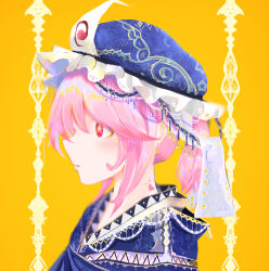 Rule 34 | 1girl, absurdres, blue kimono, commentary, earrings, english commentary, frilled hat, frills, from side, hair between eyes, hat, heart, highres, huge filesize, japanese clothes, jewelry, kimono, medium hair, mob cap, parted lips, pink eyes, pink hair, portrait, profile, saigyouji yuyuko, simple background, solo, star (symbol), star earrings, touhou, uniuni nurunuru, yellow bag