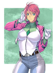 Rule 34 | 00s, 1girl, blue eyes, breasts, cropped jacket, feldt grace, gloves, gundam, gundam 00, gundam 00 a wakening of the trailblazer, hand on own head, highres, homare (fool&#039;s art), impossible clothes, jacket, large breasts, military, military uniform, pants, pink hair, short hair, skin tight, solo, uniform, white gloves