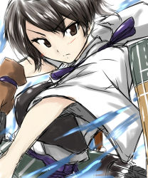 Rule 34 | 10s, 1girl, archery, arrow (projectile), black hair, brown eyes, brown gloves, flight deck, gloves, kaga (kancolle), kantai collection, kyuudou, looking at viewer, muneate, nukoyarou, quiver, side ponytail, solo