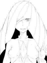 Rule 34 | 1girl, armpit crease, bare arms, bare shoulders, breasts, breasts out, collarbone, creatures (company), diamond (shape), game freak, gem, gorgonzola (paradisegom), hair over one eye, hand up, light smile, long hair, looking at viewer, lusamine (pokemon), mature female, monochrome, nintendo, nipples, open hand, palms, parted lips, pokemon, pokemon sm, puffy nipples, simple background, sleeveless, small breasts, solo, sweat, upper body, white background