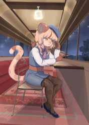 Rule 34 | 1girl, absurdres, alcohol, animal ears, ascot, bar (place), belt, beret, black pantyhose, blonde hair, blue hat, brown eyes, chair, cup, drinking glass, ear piercing, female focus, furry, furry female, hat, highres, leopard ears, leopard tail, low twintails, mokenokemo, night, original, pantyhose, piercing, shoes, sitting, skirt, sky, solo, star (sky), starry sky, tail, train interior, twintails, window, wine, wine glass