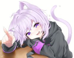 Rule 34 | 1girl, ahoge, animal ear fluff, animal ears, arm pillow, black collar, black hoodie, blush, cat ears, cat girl, cat tail, collar, fang, highres, hololive, hood, hoodie, index finger raised, long sleeves, looking at viewer, medium hair, mocacoco339, nekomata okayu, nekomata okayu (1st costume), open mouth, purple eyes, purple hair, signature, simple background, skin fang, smile, solo, table, tail, tail raised, upper body, virtual youtuber, white background