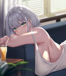 Rule 34 | 1girl, bare shoulders, blush, breasts, couch, green eyes, grey hair, highres, hololive, indoors, large breasts, looking at viewer, medium hair, moisture (chichi), on couch, shirogane noel, shirt, sideboob, solo, sweat, virtual youtuber, wavy hair, white shirt