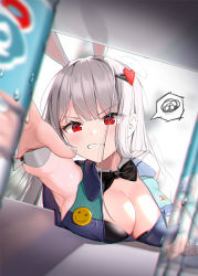 Rule 34 | 1girl, animal ears, black bow, black bra, blue vest, blurry, blurry foreground, blush, bottle, bow, bra, breast rest, breasts, cleavage, clenched teeth, collared vest, commentary request, condensation, dduck kong, depth of field, detached collar, hair ornament, heart, heart hair ornament, highres, medium breasts, original, outstretched arm, rabbit ears, reaching, red eyes, shelf, silver hair, smiley face, solo, sweatdrop, teeth, underwear, upper body, vest, water drop, wrist cuffs