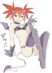 Rule 34 | 1girl, arm behind back, arm support, bad id, bad twitter id, bangle, bare shoulders, bat wings, bracelet, breasts, choker, cleavage, demon girl, demon tail, disgaea, dot nose, earrings, elbow gloves, etna (disgaea), eyebrows, fang, gloves, grin, hair between eyes, highres, jewelry, makai senki disgaea, midriff, navel, o-ring, oishii ishiwata, pointy ears, purple choker, purple gloves, purple thighhighs, purple wings, red eyes, red hair, short hair, short twintails, sidelocks, simple background, skull, skull earrings, slit pupils, small breasts, smile, solo, stomach, tail, teeth, thighhighs, tsurime, twintails, white background, wings
