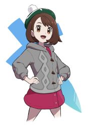 Rule 34 | 1girl, :d, bob cut, brown eyes, brown hair, buttons, cable knit, cardigan, collared dress, creatures (company), dress, game freak, gloria (pokemon), green hat, grey cardigan, hands on own hips, hat, highres, hooded cardigan, ia (ilwmael9), legs apart, nintendo, open mouth, pink dress, pokemon, pokemon swsh, short hair, smile, solo, tam o&#039; shanter, tongue