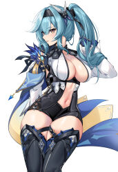 Rule 34 | 1girl, absurdres, alternate hairstyle, black hairband, blue cape, blue gloves, blue hair, boots, breasts, cape, center opening, chest harness, cowboy shot, elze (s01047480836), eula (genshin impact), genshin impact, gloves, hair between eyes, hair ornament, hair ribbon, hairband, hand up, harness, high-waist shorts, high ponytail, highres, large breasts, linea alba, long hair, long sleeves, looking to the side, nape, navel, orange eyes, parted lips, playing with own hair, ribbon, shorts, side cape, sidelocks, solo, stomach, thigh boots, vision (genshin impact), white background, white sleeves