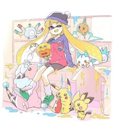 Rule 34 | 1girl, animal, beanie, buttons, chair, comamawa, creatures (company), desk, fangs, flaaffy, game freak, gen 1 pokemon, gen 2 pokemon, gen 4 pokemon, hat, inkling, inkling girl, inkling player character, jacket, ketchup, ketchup bottle, looking at viewer, magnemite, magnet, monitor, mouse (animal), nintendo, one eye closed, orange hair, pachirisu, pichu, pikachu, pokemon, purple eyes, rotom, sheep, shoes, sitting, sitting on object, socks, splatoon (series), squirrel, wink, zapfish