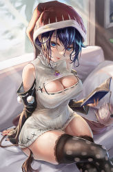 Rule 34 | 1girl, adapted costume, black thighhighs, blue eyes, blue hair, blush, book, bookmark, breasts, cleavage, couch, covered erect nipples, covered navel, cushion, detached sleeves, doremy sweet, dress, fingernails, hair between eyes, haruno (kuromitugozen), hat, heart, heart-shaped pupils, highres, holding, holding book, jewelry, large breasts, light rays, lips, lock, long hair, long sleeves, looking at viewer, nail polish, necklace, parted lips, polka dot, pom pom (clothes), purple nails, red hat, santa hat, shiny skin, short dress, sitting, solo, sunbeam, sunlight, symbol-shaped pupils, tail, tapir tail, thick thighs, thighhighs, thighs, touhou, turtleneck, white dress, window