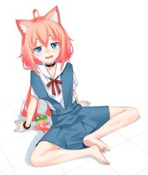 Rule 34 | 1girl, ahoge, animal ears, barefoot, blouse, blue eyes, blue skirt, cat ears, choker, feet, feet together, from above, gengorou, hair bobbles, hair ornament, hinata channel, knees apart feet together, leaning back, long hair, looking up, low twintails, nekomiya hinata, neon genesis evangelion, open mouth, pink hair, school uniform, shirt, simple background, sitting, skirt, smile, soles, solo, suspender skirt, suspenders, toes, tokyo-3 middle school uniform, twintails, virtual youtuber, watch, white background, white shirt, wristwatch