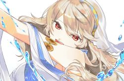 Rule 34 | 1girl, :d, azura (fire emblem), azura (fire emblem) (cosplay), blonde hair, corrin (female) (fire emblem), corrin (fire emblem), cosplay, fire emblem, fire emblem fates, floating hair, hair between eyes, highres, long hair, looking at viewer, meunhongcha, nintendo, open mouth, portrait, red eyes, simple background, sleeveless, smile, solo, very long hair, water, white background