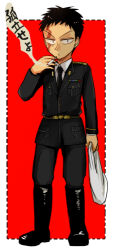 Rule 34 | 1boy, black eyes, black footwear, black hair, black jacket, black necktie, black pants, boots, breast pocket, buraiden gai, cigarette, closed mouth, collared shirt, commentary request, expressionless, full body, jacket, kudou gai, long sleeves, looking at viewer, lowres, male focus, military uniform, morota, necktie, pants, pocket, red background, scar, scar across eye, shirt, short bangs, short hair, smoking, solo, standing, uniform, v-shaped eyebrows, white background, white shirt