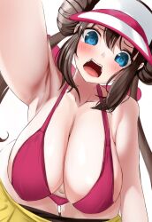 Rule 34 | atsugi111, black pantyhose, blue eyes, blush, bra, breasts, brown hair, clothes pull, creatures (company), game freak, highres, huge breasts, long hair, nintendo, panties, pantyhose, pantyhose pull, pink bra, pink panties, pokemon, pokemon bw2, rosa (pokemon), skirt, skirt pull, solo, tagme, underwear, visor cap, yellow skirt