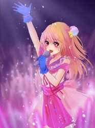 Rule 34 | 1girl, :d, audience, back bow, blonde hair, blue gloves, blurry, blurry foreground, blush, bow, bracelet, commentary, dress, frilled dress, frilled gloves, frills, gloves, glowstick, hair between eyes, highres, holding, holding glowstick, holding microphone, hoshino ruby, idol, idol clothes, jewelry, light particles, long hair, microphone, mismatched pupils, one side up, open mouth, oshi no ko, pink eyes, pink ribbon, ribbon, smile, solo, star-shaped pupils, star (symbol), symbol-shaped pupils, xiang yu pai