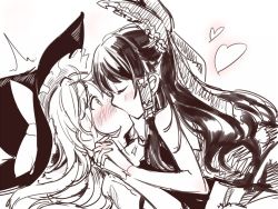 Rule 34 | 2girls, asutora, bare arms, bare shoulders, blush, bow, commentary request, closed eyes, frilled bow, frills, from side, hair bow, hair tubes, hakurei reimu, hat, hat bow, heart, interlocked fingers, kirisame marisa, kiss day, monochrome, multiple girls, profile, sidelocks, simple background, sketch, spot color, touhou, upper body, white background, witch hat, yellow eyes, yuri