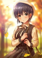 Rule 34 | 1girl, autumn, bad id, bad twitter id, bag, beret, black eyes, black hair, blurry, blush, commentary request, depth of field, falling leaves, ginkgo leaf, hat, highres, leaf, long sleeves, looking at viewer, neck ribbon, original, outdoors, ribbon, satchel, short hair, solo, tsukana (saba mizore), white hat, wind