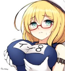 Rule 34 | 10s, 1girl, ahoge, aqua eyes, arm belt, blonde hair, blue eyes, grabbing another&#039;s breast, breasts, character name, don (29219), female focus, frown, glasses, gloves, grabbing, hat, i-8 (kancolle), kantai collection, large breasts, long hair, looking at viewer, low twintails, name tag, one-piece swimsuit, red-framed eyewear, school swimsuit, grabbing own breast, semi-rimless eyewear, simple background, sketch, solo, sweatdrop, swimsuit, twintails, twitter username, under-rim eyewear, upper body, white background, white gloves