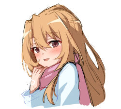 Rule 34 | 1girl, absurdres, adjusting scarf, aisaka taiga, blush, breath, brown eyes, brown hair, chinese commentary, chubb, coat, commentary request, from side, hair between eyes, hand up, highres, jacket, long hair, long sleeves, looking at viewer, open mouth, pink scarf, scarf, simple background, smile, solo, toradora!, upper body, white background, white jacket, winter clothes, winter coat
