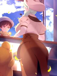 Rule 34 | 1boy, 1girl, apron, ascot, back, backboob, bear, black pantyhose, breasts, brown apron, brown ascot, brown skirt, chef hat, closed eyes, commentary request, creatures (company), dedenne, florian (pokemon), game freak, gen 2 pokemon, gen 6 pokemon, gloves, hat, highres, katy (pokemon), large breasts, light green hair, low ponytail, mole, mole on cheek, mole under eye, nintendo, pantyhose, pokemon, pokemon (creature), pokemon sv, puffy short sleeves, puffy sleeves, sakusk 92, short sleeves, side ponytail, sideboob, skirt, sky, teddiursa, waist apron, white gloves, wide hips