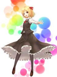 Rule 34 | 1girl, :d, ascot, black pantyhose, blonde hair, blush, cassandra (seishun katsu sando), female focus, hair ribbon, loafers, open mouth, outstretched arms, pantyhose, red eyes, ribbon, rumia, shoes, short hair, smile, solo, touhou