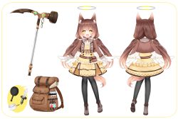 Rule 34 | 1girl, :d, animal ear fluff, animal ears, backpack, bag, black thighhighs, boots, breasts, brown hair, brown jacket, cooking pot, copyright request, cropped jacket, dagger, dress, fang, feathered wings, frying pan, gloves, grey footwear, halo, highres, jacket, knife, long hair, long sleeves, low twintails, low wings, medium breasts, multiple views, official art, open clothes, open jacket, open mouth, shikito (yawa0w0), smile, standing, tail, thighhighs, turnaround, twintails, very long hair, vial, weapon, weapon request, white gloves, white wings, wings, yellow dress, yellow eyes