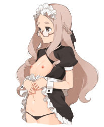Rule 34 | 1girl, 2l (2lsize), black panties, blush, braid, breasts, breasts out, brown-framed eyewear, brown eyes, brown hair, closed mouth, clothes lift, cowboy shot, crown braid, forehead, french braid, from side, glasses, lifted by self, long hair, lowleg, lowleg panties, maid, maid headdress, navel, nipples, nose blush, original, panties, short sleeves, simple background, skirt, skirt lift, small breasts, solo, standing, thick eyebrows, underwear, very long hair, wavy hair, white background