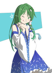 Rule 34 | 1girl, ;3, blue skirt, closed mouth, commentary, cowboy shot, detached sleeves, fingernails, frilled skirt, frills, frog hair ornament, green eyes, green hair, hair ornament, hair tubes, hands up, highres, inuno rakugaki, kochiya sanae, long hair, looking at viewer, one eye closed, own hands together, petticoat, shirt, skirt, snake hair ornament, solo, standing, star (symbol), tongue, tongue out, tongue up, touhou, v-shaped eyebrows, white shirt, wide sleeves