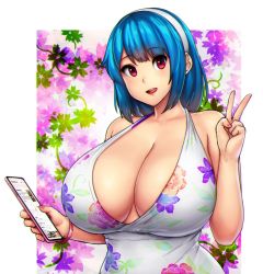 Rule 34 | 1girl, blue hair, breasts, cellphone, cleavage, commentary, dress, english commentary, erkaz, floral background, floral print, highres, holding, holding phone, huge breasts, looking to the side, original, phone, red eyes, rina atherina, short hair, smartphone, solo, v