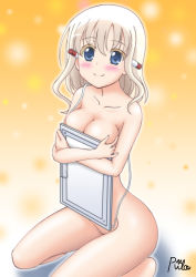 Rule 34 | 1girl, aislinn wishart, blonde hair, blue eyes, blush, breasts, cable, casual nudity, cleavage, collarbone, computer, covering breasts, covering privates, crossed arms, kneeling, laptop, looking at viewer, nude, object behind ear, ouse riruka, saki (manga), simple background, solo, yellow background