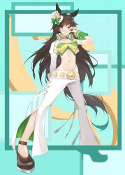 Rule 34 | 1girl, absurdres, ahoge, animal ears, arm behind back, arm belt, arm up, bandeau, bell-bottoms, belt, black footwear, blouse, breasts, brown hair, choker, collarbone, commentary, cropped jacket, full body, green background, green bandeau, green shirt, groin, hair between eyes, hair ornament, hairclip, hat, high heels, highres, horse ears, horse girl, horse tail, jacket, long hair, looking at viewer, medium breasts, midriff, mini hat, mr. c.b. (umamusume), navel, open clothes, open jacket, pants, parted lips, shirt, sidelocks, single bare shoulder, single sleeve, smile, solo, standing, tail, umamusume, white belt, white hat, white jacket, white pants, wrist cuffs, yellow choker, yuki nko64