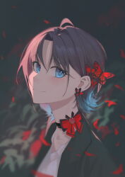 Rule 34 | 1girl, absurdres, ahoge, asakura toru, black choker, blue eyes, blue hair, blush, bug, butterfly, choker, closed mouth, commentary, earrings, falling petals, gradient hair, highres, idolmaster, idolmaster shiny colors, insect, jewelry, looking at viewer, multicolored hair, nekoyun93, parted bangs, petals, purple hair, red butterfly, short hair, solo, upper body