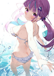 Rule 34 | 1girl, ass, bare arms, bare legs, bare shoulders, bikini, blue hair, blue nails, blunt bangs, bow, breasts, closed mouth, frilled bikini, frills, from behind, gaou (umaiyo puyoman), hair bow, hair ornament, hololive, large breasts, looking at viewer, looking back, minato aqua, multicolored hair, nail polish, o-ring, o-ring top, purple bow, purple eyes, purple hair, shark hair ornament, side-tie bikini bottom, sideboob, smile, solo, swimsuit, two-tone hair, virtual youtuber, wading, water, wet, white bikini