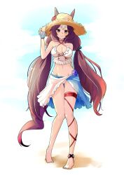 Rule 34 | 1girl, alternate costume, animal ears, anklet, barefoot, bikini, blue nails, blue sarong, blush, breasts, brown hair, cleavage, closed mouth, collarbone, commentary request, criss-cross halter, ears through headwear, frilled bikini, frills, full body, hair between eyes, hair ornament, halterneck, hat, highres, horse ears, horse girl, horse tail, jewelry, kyabetsuman, large breasts, long hair, looking at viewer, low twintails, medium breasts, multicolored hair, nail polish, navel, sarong, smile, solo, standing, straw hat, streaked hair, sun hat, swimsuit, tail, thigh strap, twintails, umamusume, very long hair, white bikini, white hair, yamanin zephyr (umamusume), yellow eyes