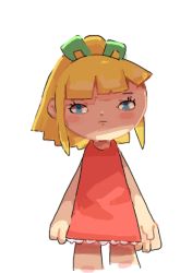 Rule 34 | 1girl, arms at sides, blonde hair, blue eyes, blush, blush stickers, child, closed mouth, cropped legs, dress, expressionless, female focus, flat chest, frilled dress, frills, green ribbon, hair ribbon, long hair, looking at viewer, mega man (classic), mega man (series), ponytail, red dress, ribbon, roll (mega man), sidelocks, simple background, sleeveless, sleeveless dress, solo, sp (sweet potato), standing, straight-on, white background