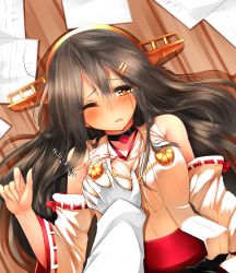 Rule 34 | 10s, 1girl, bare shoulders, black hair, grabbing another&#039;s breast, breasts, detached sleeves, grabbing, hair ornament, hairband, hairclip, haruna (kancolle), highres, japanese clothes, kantai collection, large breasts, long hair, looking at viewer, nontraditional miko, pov, pov hands, solo focus, tareme, tsukui kachou