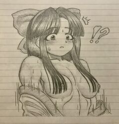 Rule 34 | !?, 1girl, absurdres, ainu clothes, black hair, blush, breasts, clothes pull, hair ribbon, highres, long hair, looking down, medium breasts, monochrome, nakoruru, nipples, nude, open clothes, parted lips, ribbon, samurai spirits, sketch, snk, solo, surprised, sweat, the king of fighters, toned, traditional media, wardrobe malfunction