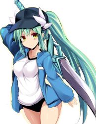 Rule 34 | 1girl, baseball cap, black hat, blue jacket, blush, breasts, buruma, fate/grand order, fate (series), green hair, hat, horns, jacket, kiyohime (fate), large breasts, long hair, long sleeves, looking at viewer, polearm, ponytail, sen (astronomy), shirt, simple background, sleeves past wrists, smile, solo, striped clothes, striped jacket, track jacket, very long hair, weapon, white background, white shirt, yellow eyes