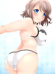 Rule 34 | 1girl, ass, bare shoulders, bikini, blue eyes, blush, breasts, brown hair, butt crack, cameltoe, cowboy shot, from behind, frown, highres, large breasts, looking at viewer, love live!, love live! sunshine!!, nora ichigo, shiny skin, short hair, sideboob, solo, standing, sweatdrop, swimsuit, underwear, underwear only, watanabe you, wavy mouth, white bikini