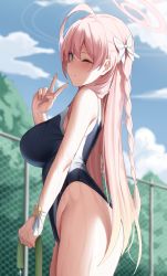 Rule 34 | 1girl, absurdres, ahoge, ass, blue archive, blurry, blurry background, blush, braid, breasts, day, fence, from side, green eyes, hair tie, halo, hanako (blue archive), highres, holding, holding hose, hose, large breasts, long hair, looking at viewer, one-piece swimsuit, one eye closed, outdoors, pink hair, shengtian, side braid, sky, smile, solo, split mouth, swimsuit, v