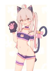 Rule 34 | 1girl, absurdres, ahoge, animal ear fluff, animal ears, animal hands, bell, blush, bow, bow panties, bra, breasts, bridal garter, brown eyes, cat cutout, cat ears, cat tail, clothing cutout, collarbone, commentary request, cowboy shot, fang, frilled bra, frilled panties, frills, gloves, groin, hair between eyes, hand up, highres, jingle bell, long hair, looking at viewer, lpleader, navel, onii-chan wa oshimai!, open mouth, oyama mahiro, panties, paw gloves, pink hair, simple background, small breasts, solo, stomach, strap slip, tail, tail bell, tail bow, tail ornament, twintails, underwear, underwear only