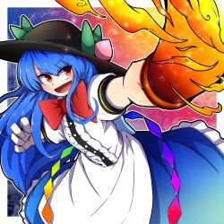 Rule 34 | 1girl, :d, black hat, blue hair, blue skirt, bow, bowtie, center frills, food, frilled skirt, frills, fruit, gradient background, hat, highres, hinanawi tenshi, holding, holding sword, holding weapon, hurin raika, leaf, long hair, multicolored background, open mouth, outside border, peach, rainbow gradient, red bow, red bowtie, red eyes, short sleeves, skirt, smile, solo, sword, sword of hisou, touhou, v-shaped eyebrows, weapon